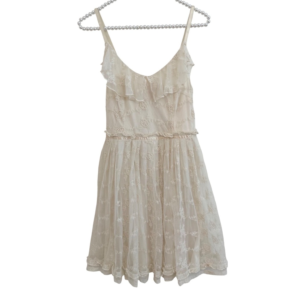 …Lost Cottagecore Boho Fairy Romantic Lace Overlay Ruffle Mini Dress Ivory S EUC